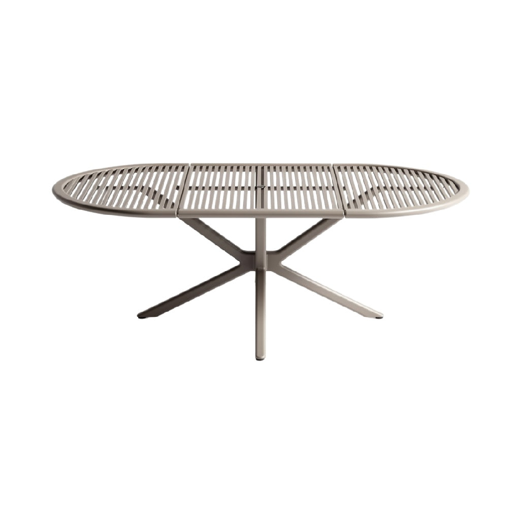 Modern Oval Outdoor Dining Table with Slatted Surface and Cross Base